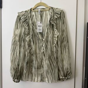 NWT Mango Olive Green Ruffle-Trim Button Blouse